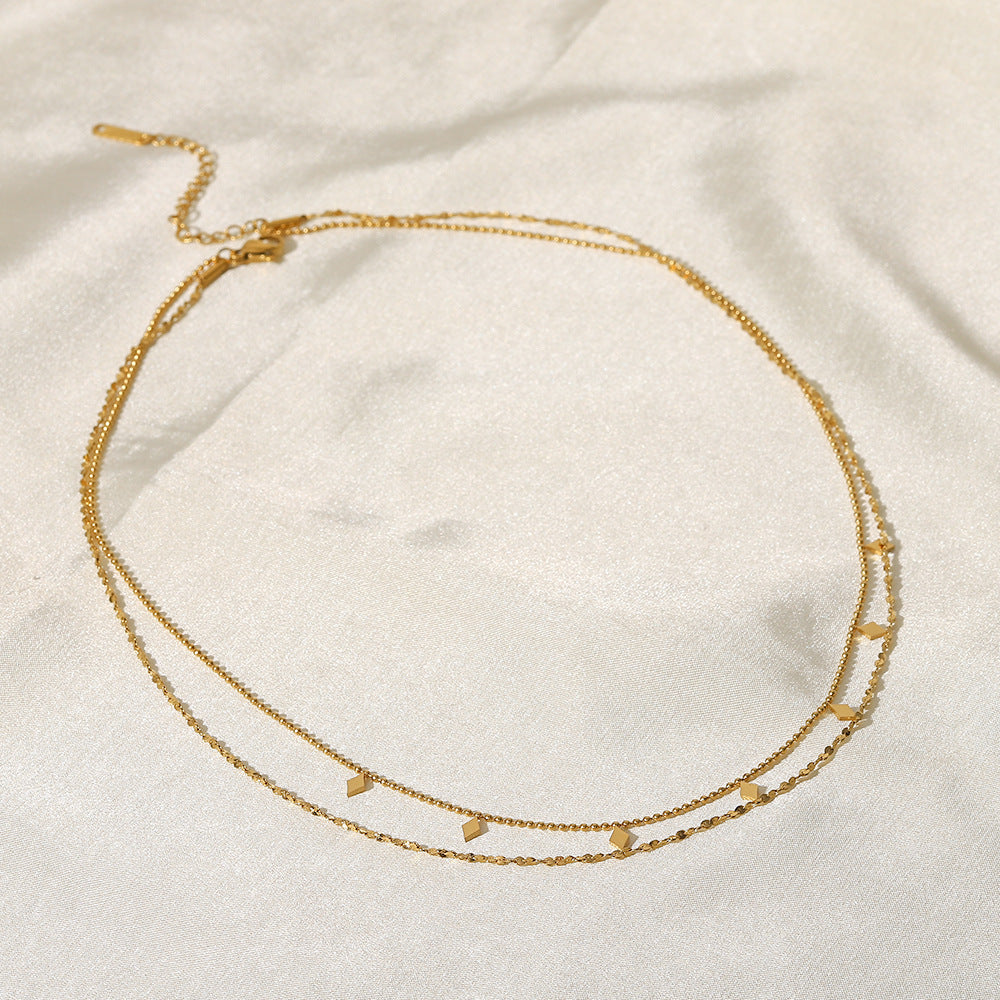 Minimalist INS Style Geometric Pendant Necklace with 18K Gold Plated Stainless Steel Double Layer Tassel Chain for Women