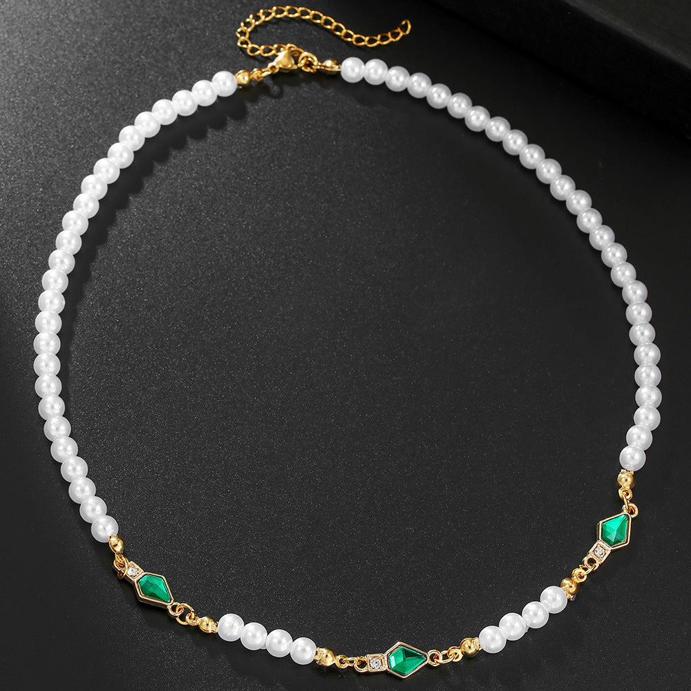 Unique Geometric Imitation Pearl Plated Ball Chain Necklace with Rhinestone Inlay for Unisex