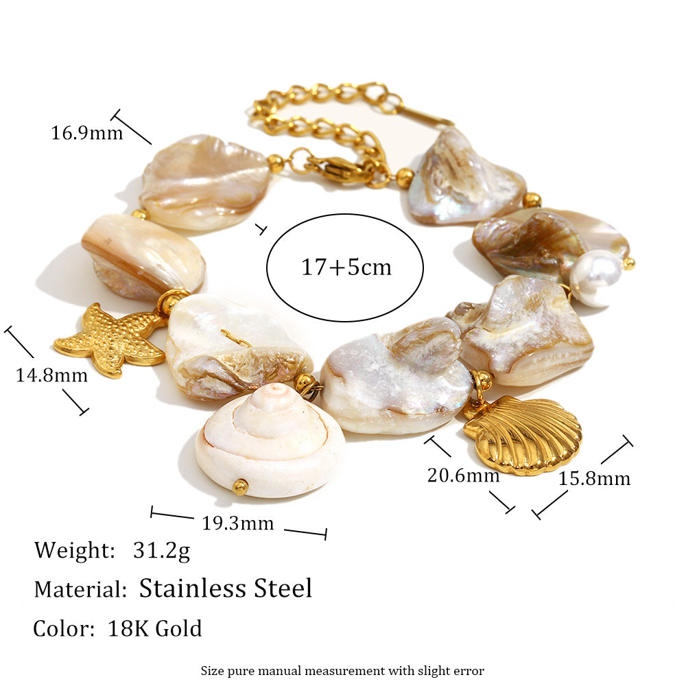 Set collana e bracciale pendente conchiglia barocca in acciaio inossidabile placcato oro 18K da donna con motivi di stelle marine e vita marina