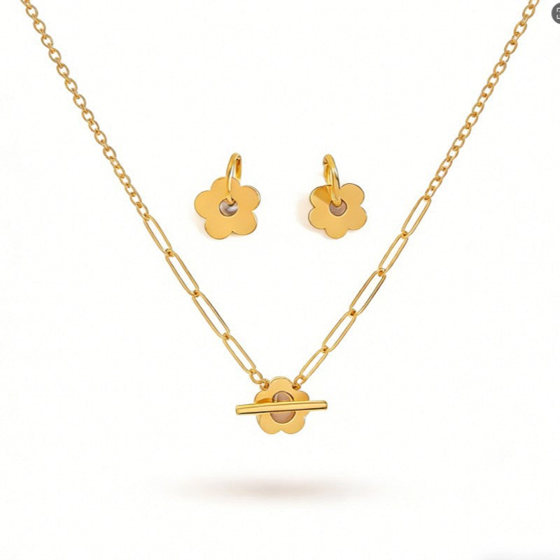 Minimalist Stainless Steel Plated Flower Pendant Necklace and Earring Set with Cable Chain for Women