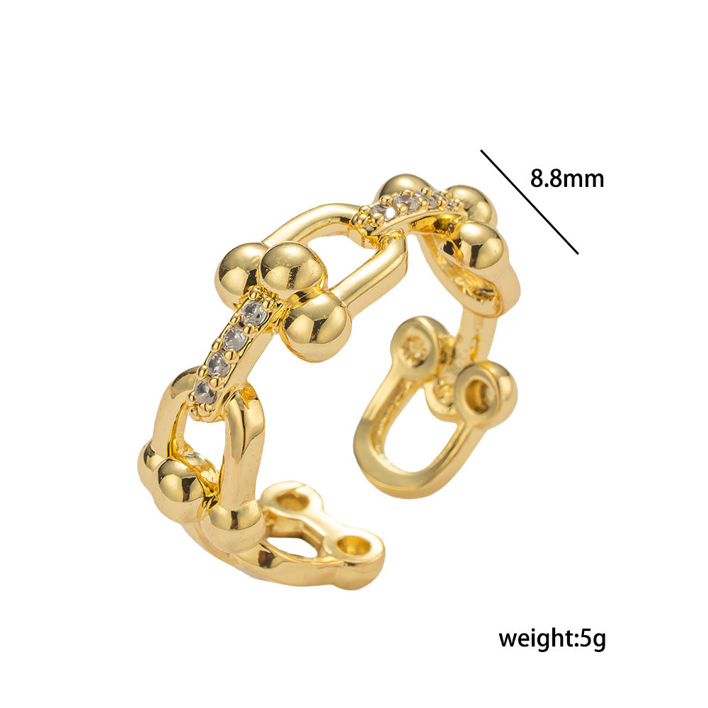 Anello Lusso Regolabile Aperto da Donna con Intarsio in Zirconi su Fascia in Ottone Placcato Oro a Goccia Cuore e Forme Geometriche