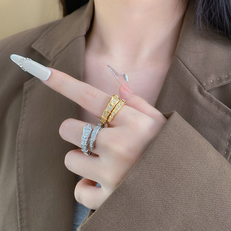 Luxury Geometric Snake Ring Titanium Steel Micro-Inlaid Cubic Zirconia Plated Fashion Jewelry for Women