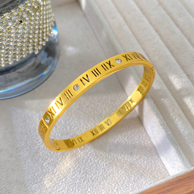 Luxury Roman Numeral Geometric Rhinestone Inlay Titanium Steel Plated Bracelet