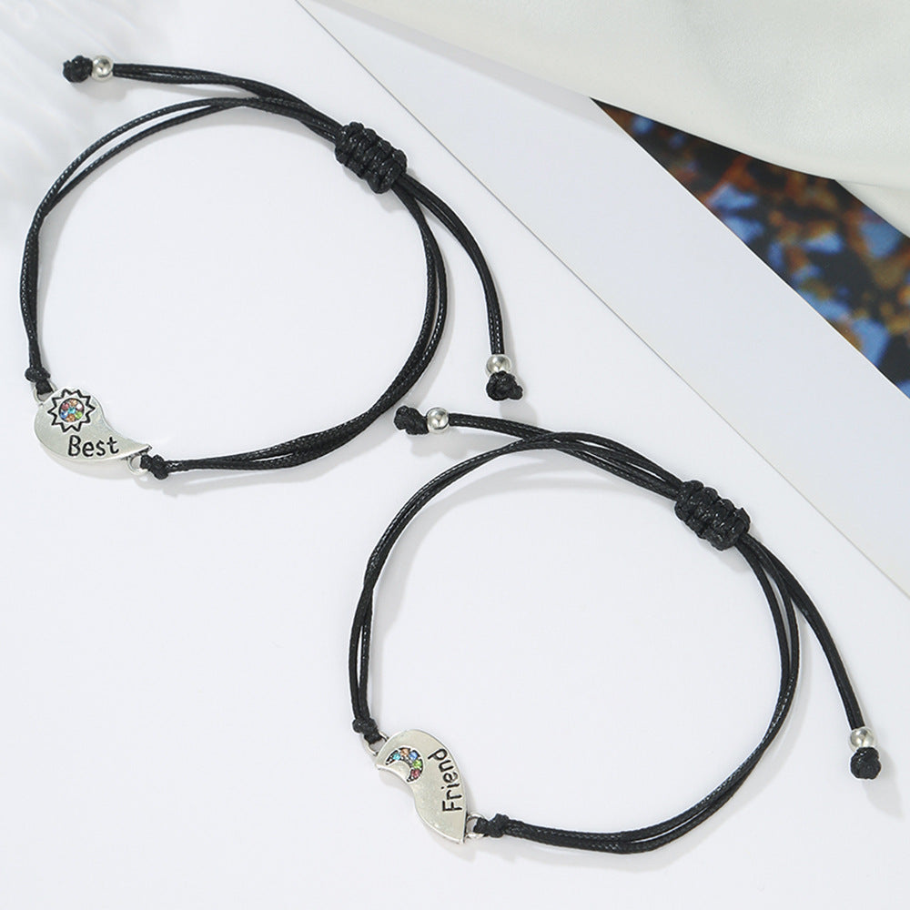 Elegant Heart Moon and Star Rhinestone Inlay Alloy Braided Bracelet Set for Women