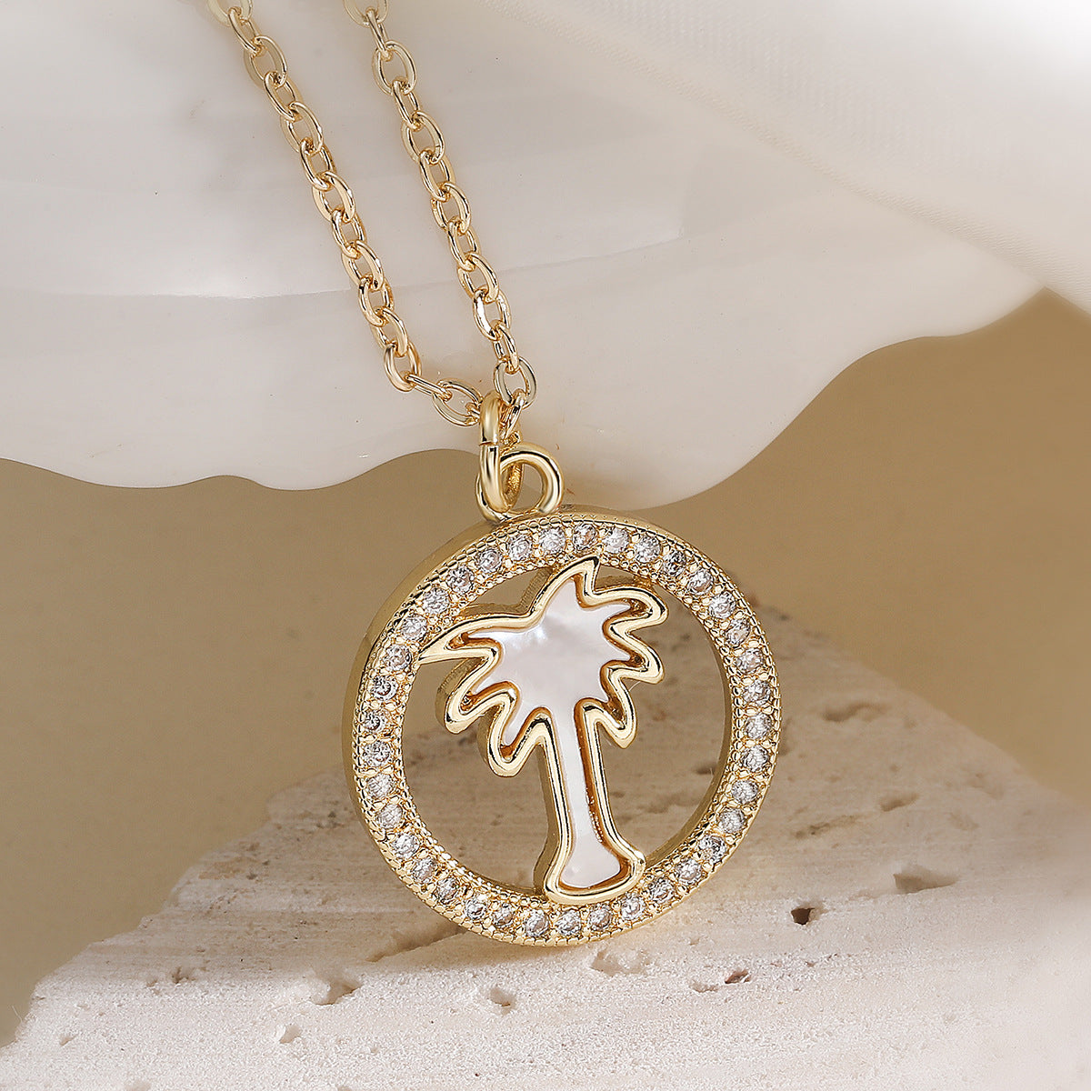 Minimalist 18K Gold Plated Brass Round Shell Flower Angel Pendant Necklace with Cubic Zirconia