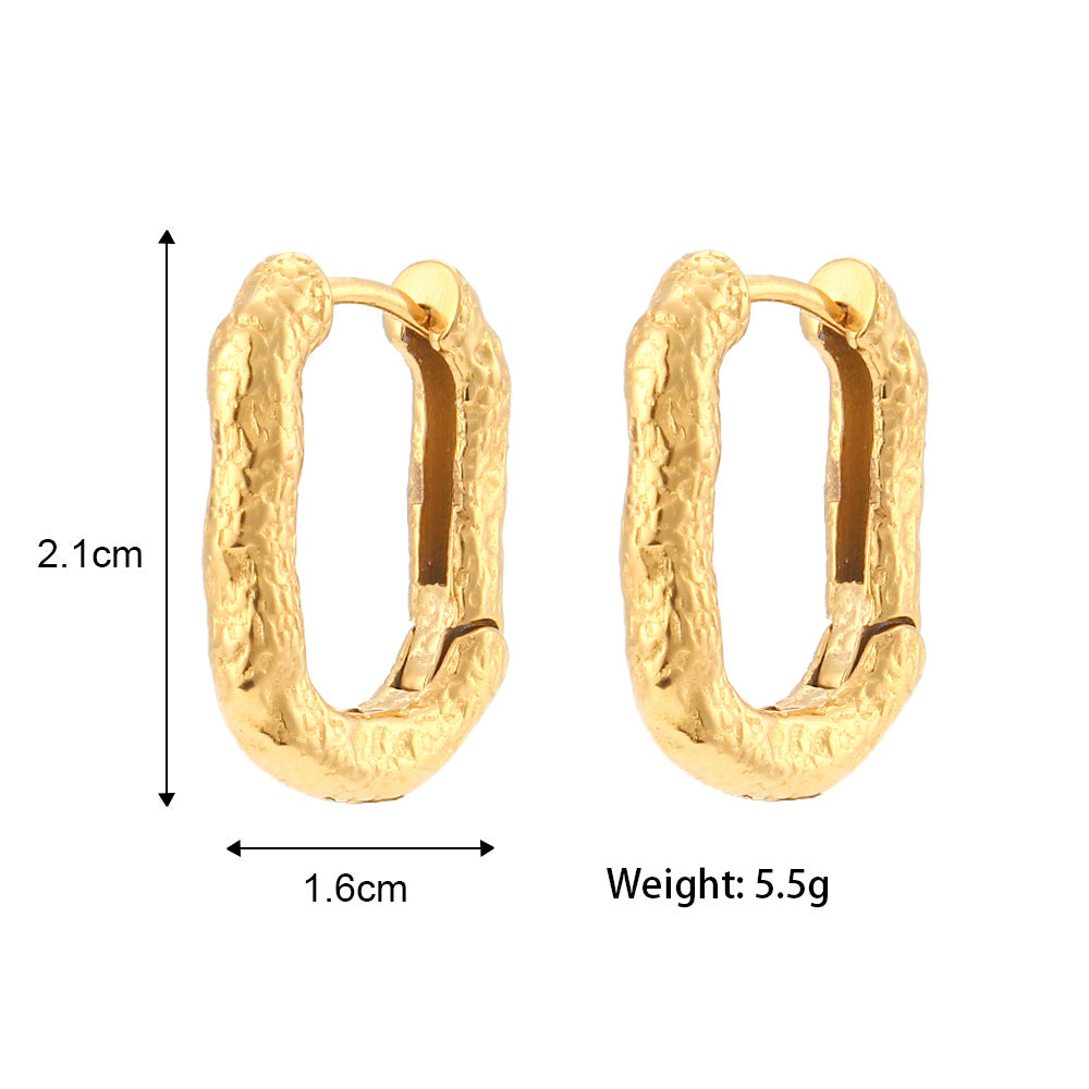 Vintage-Inspired Geometric Stainless Steel Hoop Earrings with Distressed Texture and Polished Finish for Women