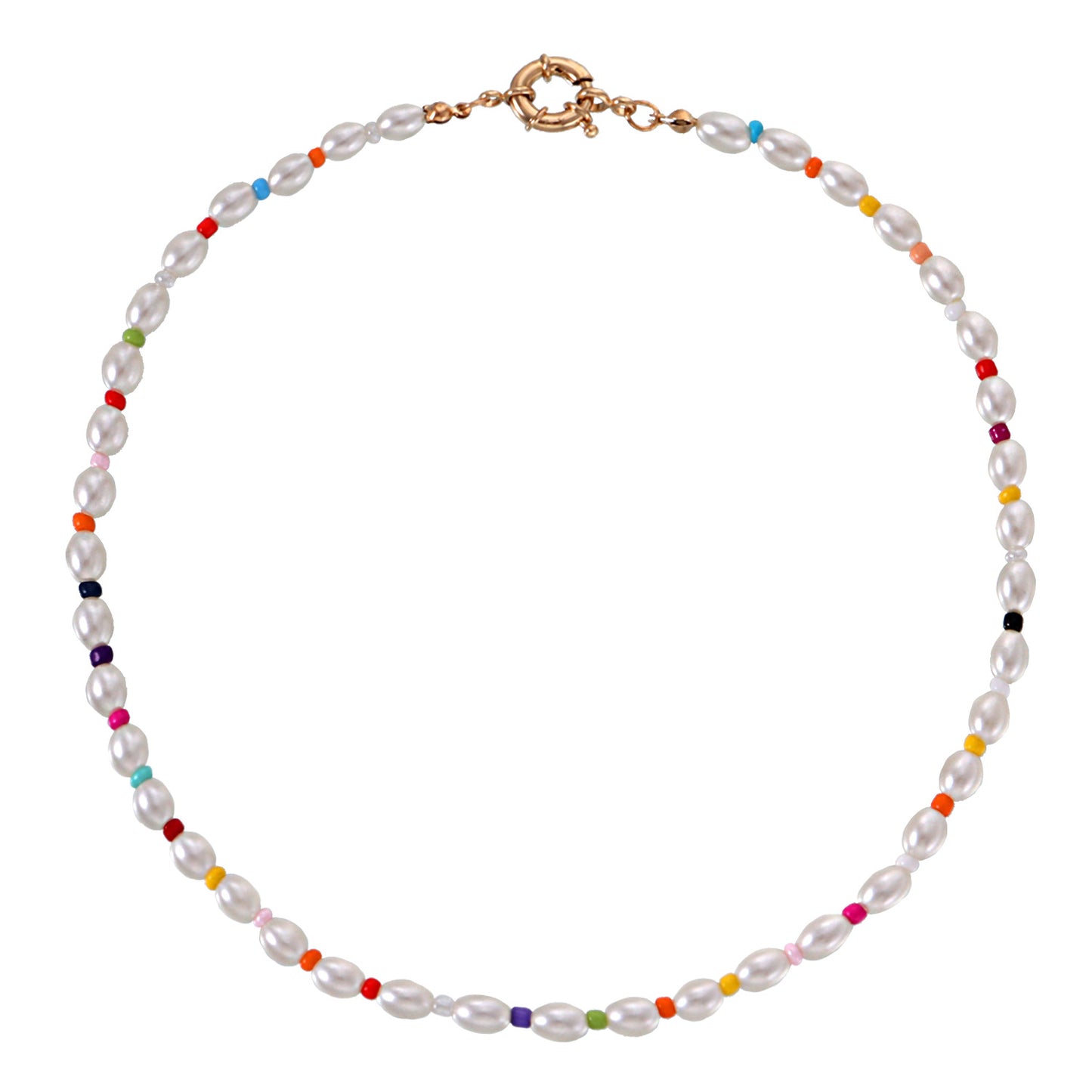Geometric Oval Pearl Necklace for Women with Spring Clasp and Colorful Seed Beads