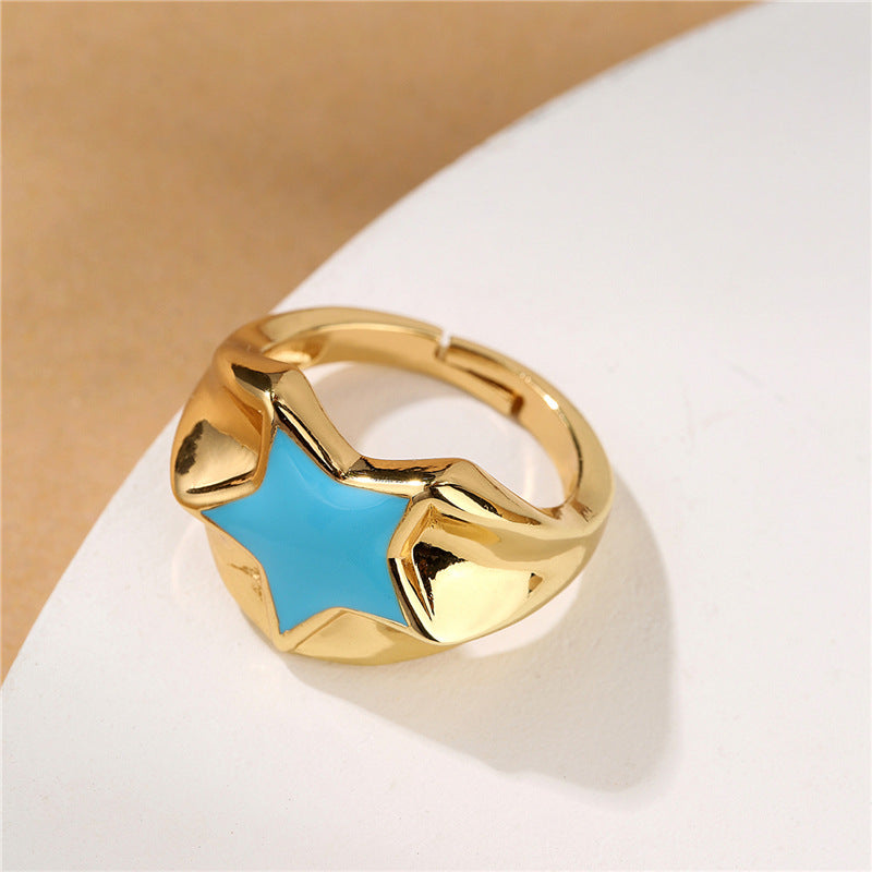 18K Gold Plated Brass Drip Oil Star Geometric Open Ring for Women