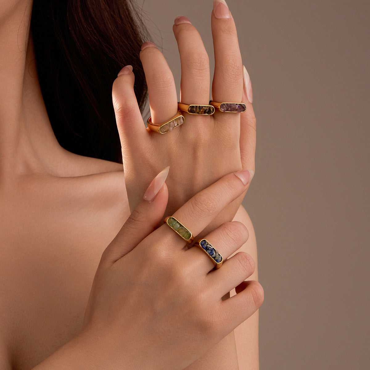 Minimalist French Vintage Style Stainless Steel Ring with Natural Stone Inlay for Women