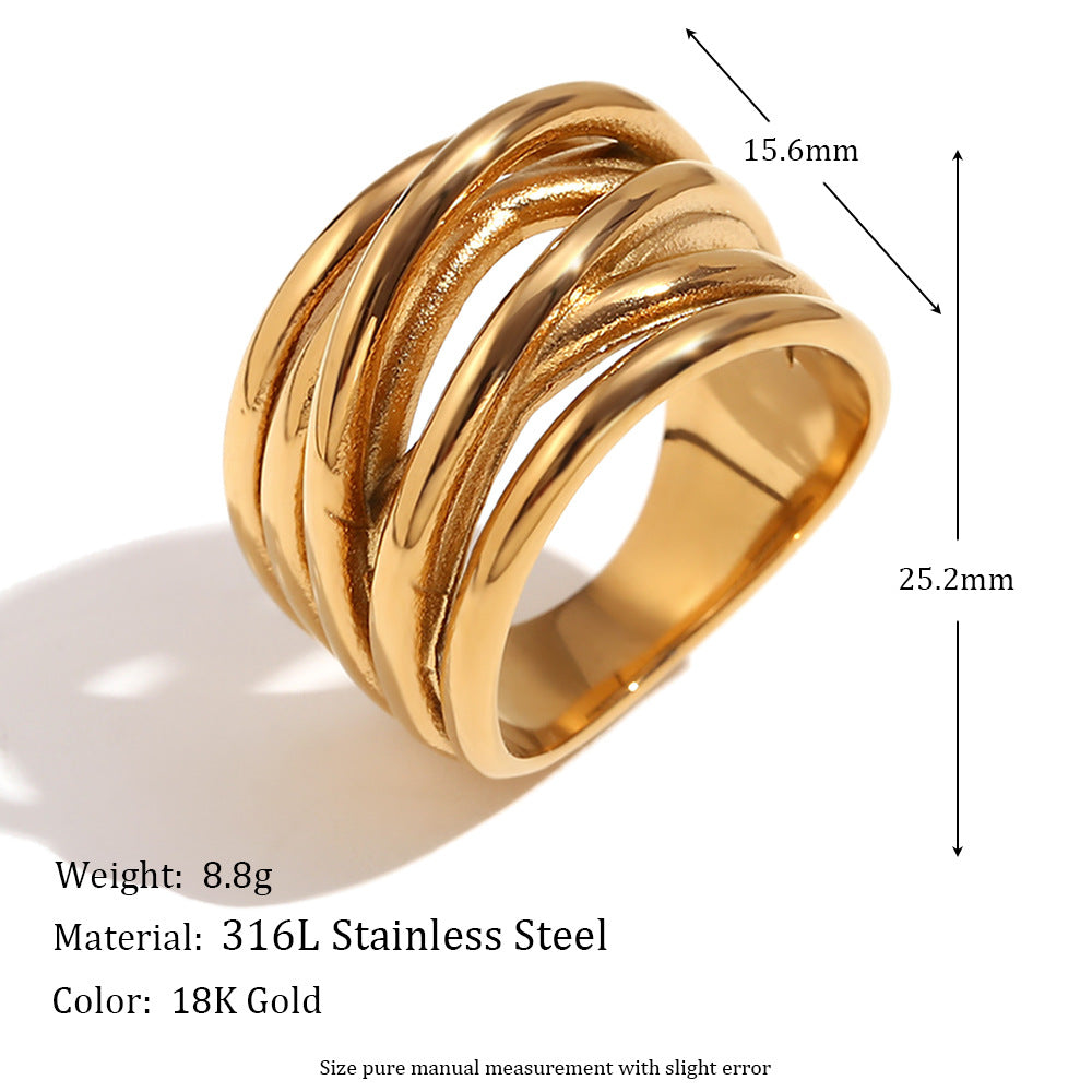 Vintage Geometric Stainless Steel Ring with 18K Gold Plating Irregular Woven Wraparound Band for Women