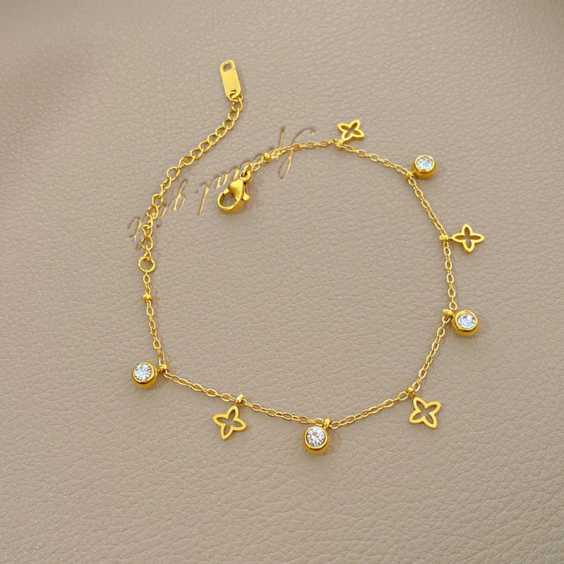 Geometric Butterfly Rhinestone Tassel Plated Titanium Steel Bracelet