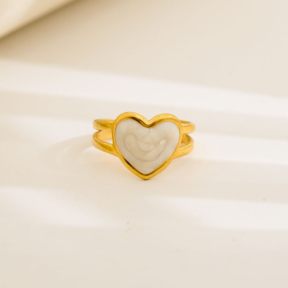 Anello Geometrico Rotondo in Acciaio al Titanio con Smalto Bianco e Nero Stile Vintage Fascia Aperta Regolabile