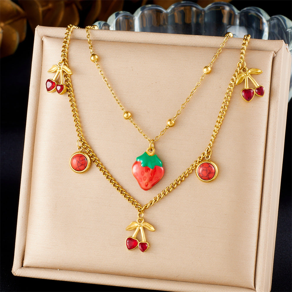 Sweet Cartoon Red Drip Oil Fruit Pendant Necklace Stainless Steel Serpentine Chain Women