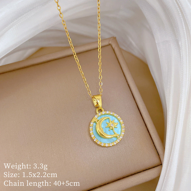 Sweet Minimalist Round Star Moon Geometric Rhinestone Titanium Steel Necklace Unisex Cable Chain