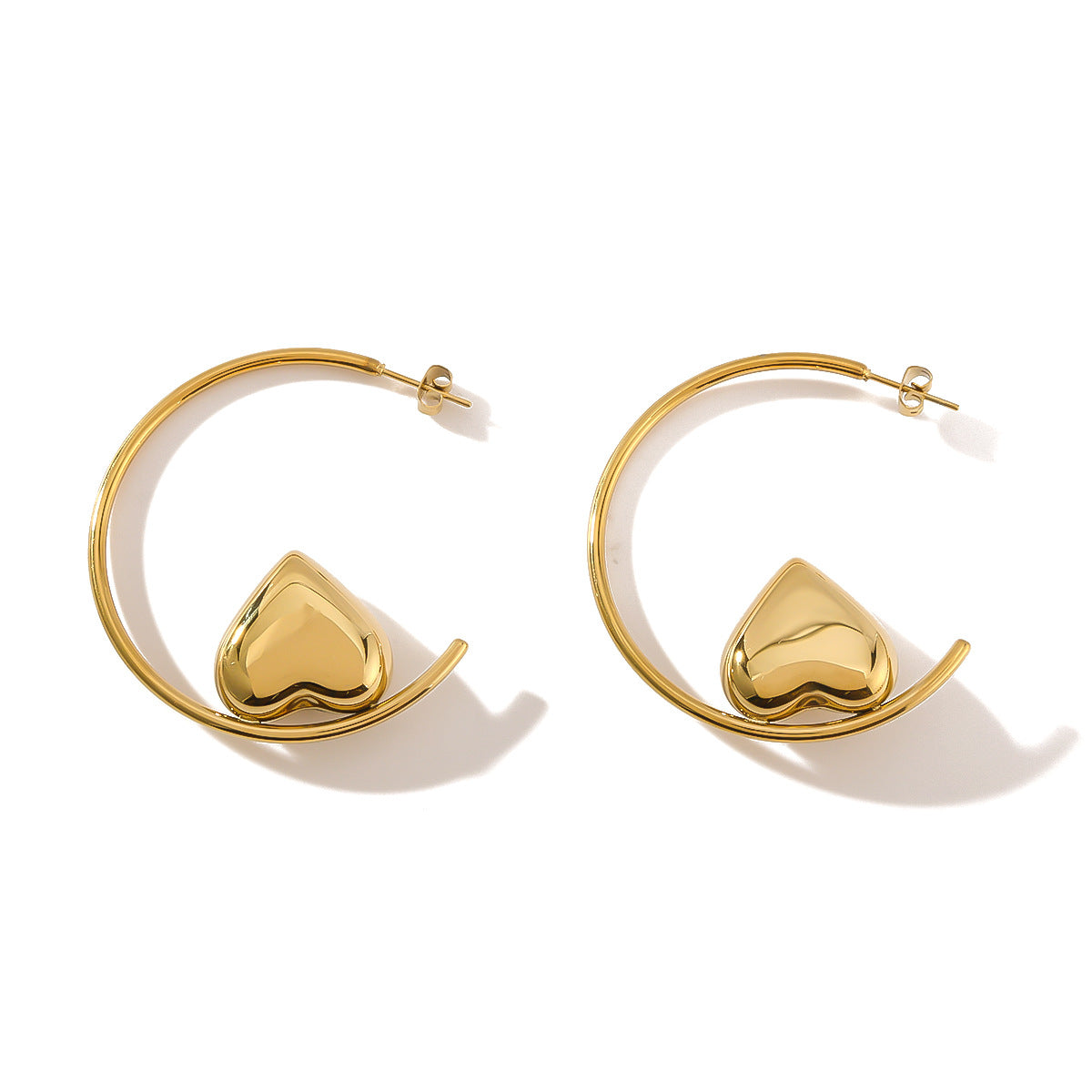 Minimalist Geometric Hollow Heart-Shaped Earrings in Stainless Steel with 18K Gold Plating for Women
