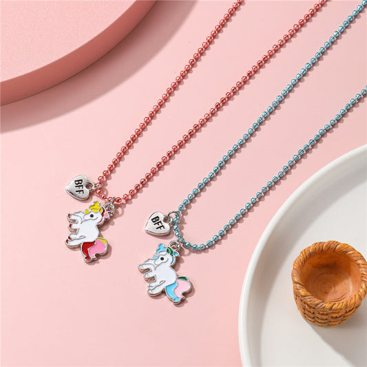Cartoon Unicorn Pendant Necklace for Kids Made of Alloy with Enamel Finish on Beaded Chain