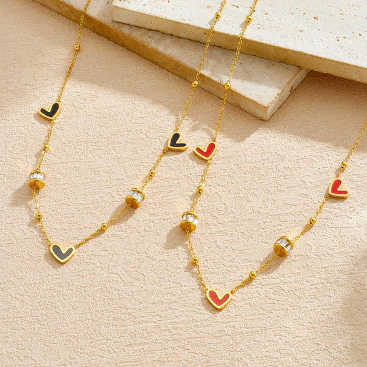 Luxury Gold Plated Heart and Round Rhinestone Stainless Steel Necklace for Women