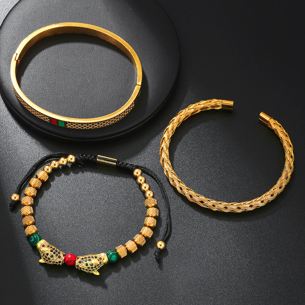 Leopard Print Geometric Stainless Steel Plated Bracelet with Gemstone Inlay for Unisex