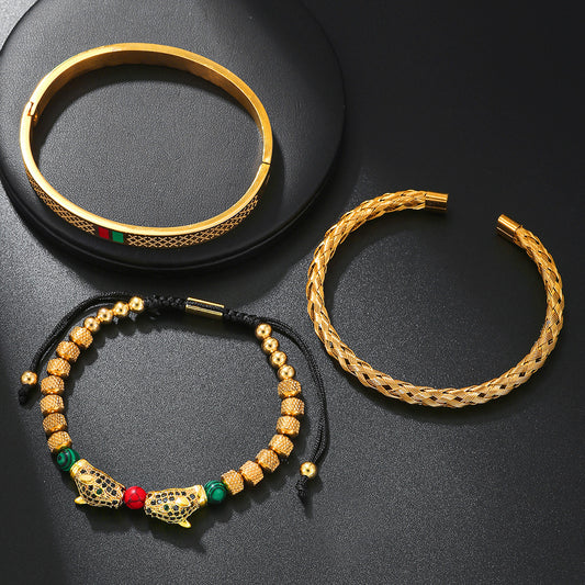 Leopard Print Geometric Stainless Steel Plated Bracelet with Gemstone Inlay for Unisex