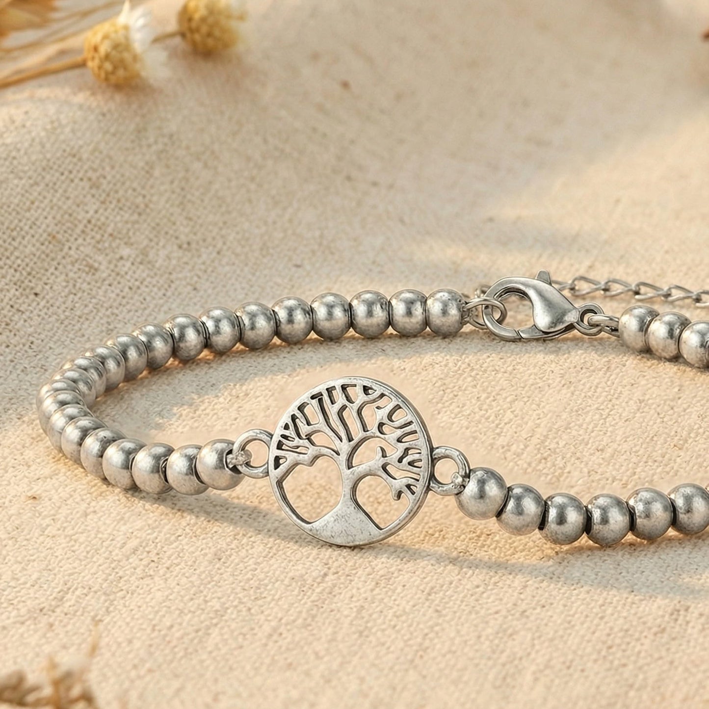 Minimalist Geometric Tree of Life Hematite Bead Bracelet for Women