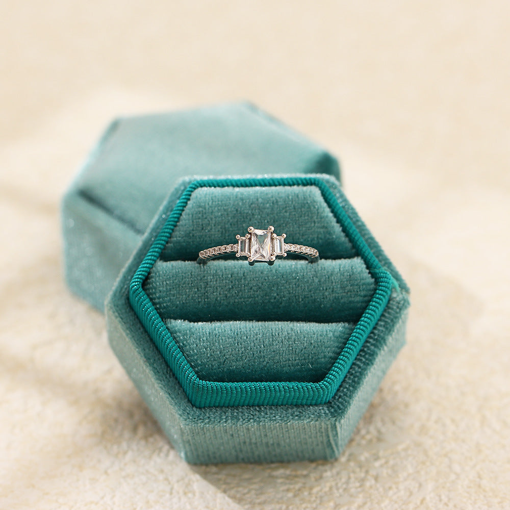 Luxury 925 Sterling Silver Square Geometric Ring with Cubic Zirconia Inlay for Women