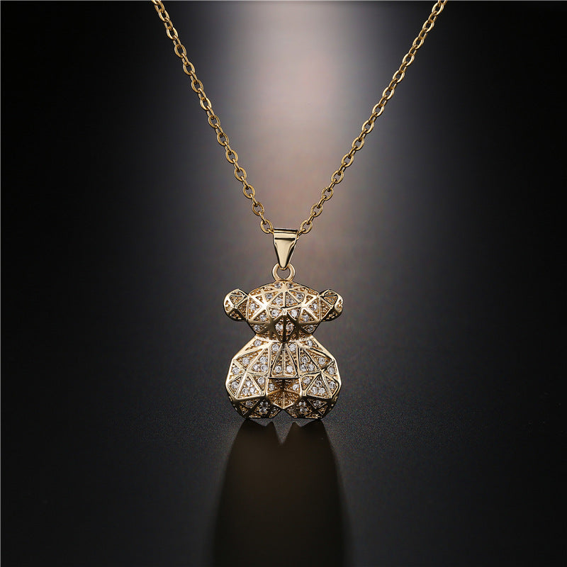 Collana Minimalista con Ciondolo Orsetto Geometrico in Rame Placcato Oro 18K con Zircone Micro-incastonato e Catena a O per Donna