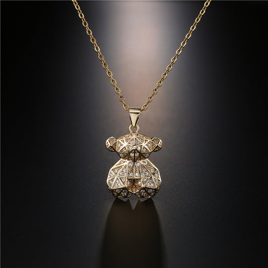 Collana Minimalista con Ciondolo Orsetto Geometrico in Rame Placcato Oro 18K con Zircone Micro-incastonato e Catena a O per Donna