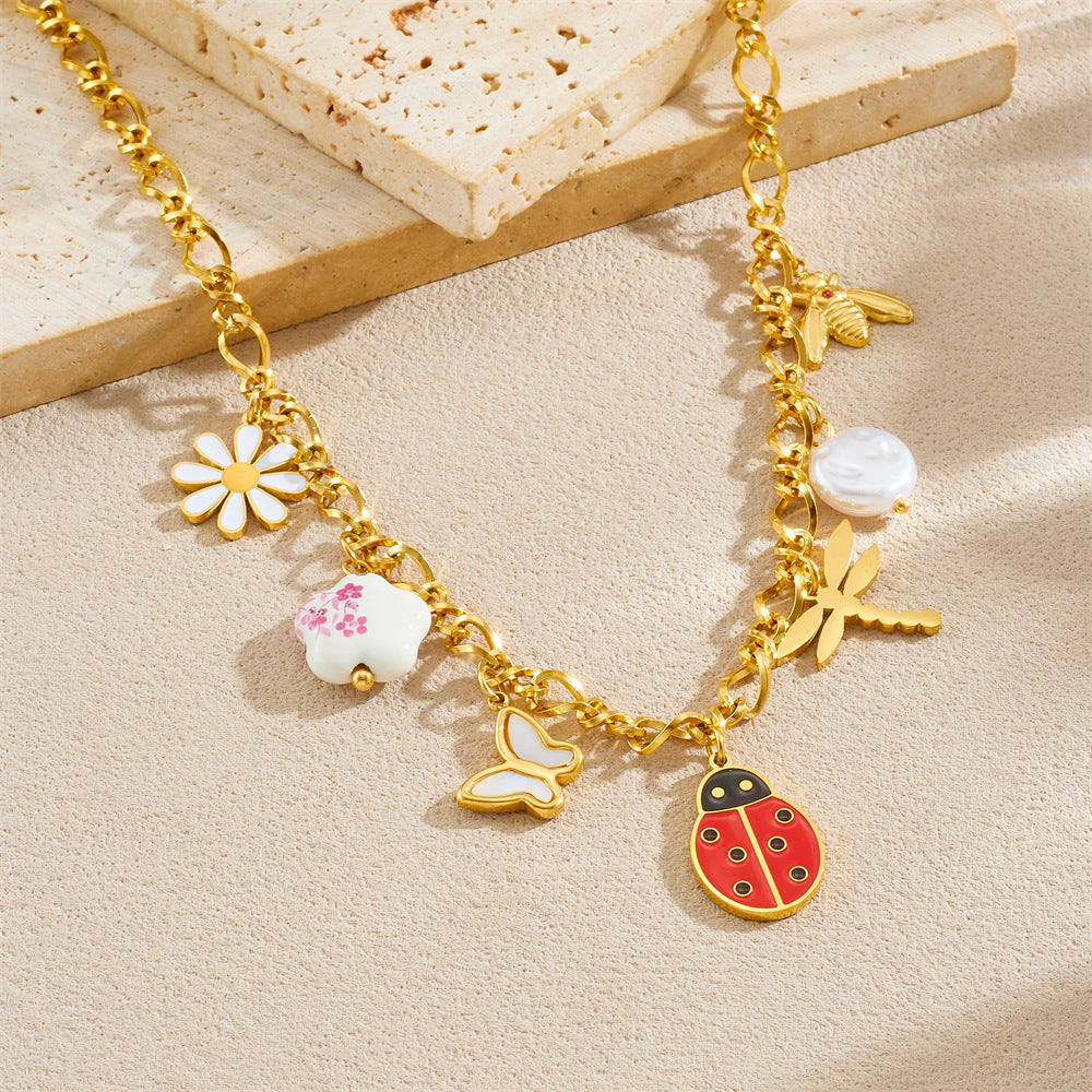 Sweet Cartoon Stainless Steel Drip Oil Insect Dragonfly Ladybug Jewelry Set with Cable Chain