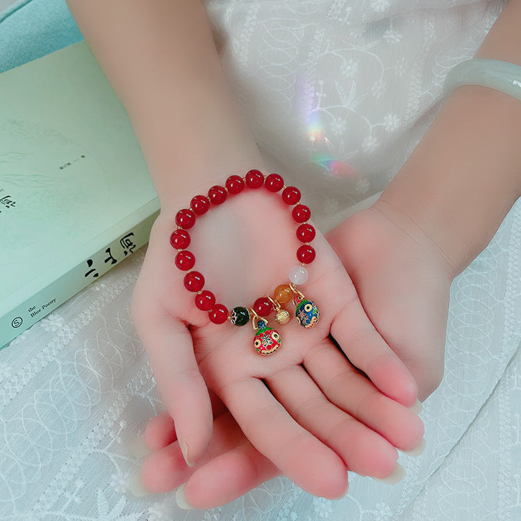 New Chinese Style Animal-Shaped Titanium Steel Bracelet with Crystal and Natural Red Agate Beads for Women