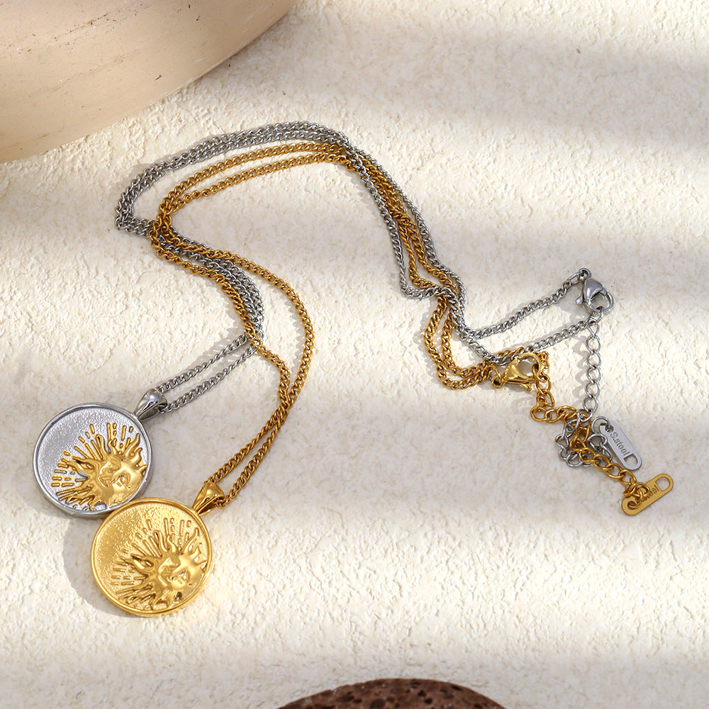 Luxury Geometric Stainless Steel Sun Coin Pendant Necklace with 18K Gold Plating for Women