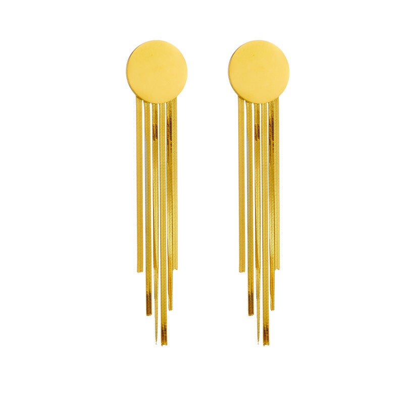 Minimalist Titanium Steel Geometric Pendant Earrings with Tassel and Circular Accents
