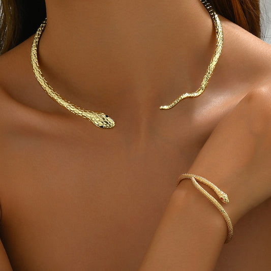 Minimalist Snake Pendant Necklace and Bracelet Set for Women Alloy Jewelry with Rhinestone Inlay