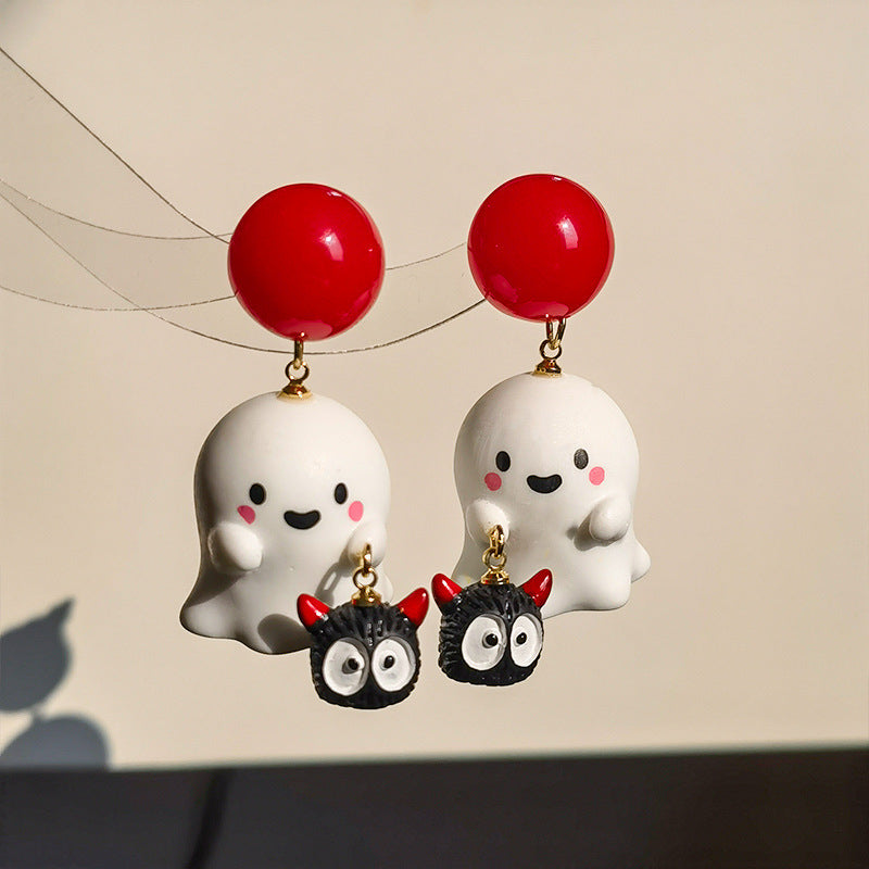 Lindos pendientes de resina con forma de fantasma para mujer con diseño de personaje de dibujos animados en estilo estético dulce