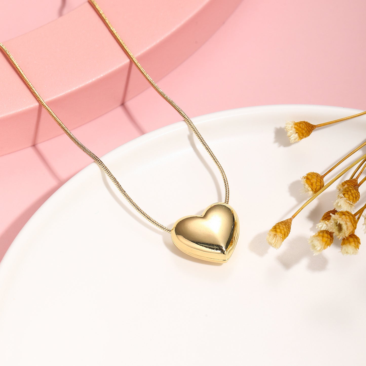 Collana alla Moda a Cuore in Rame Placcato Oro con Catena a Serpente per Donne e Bambini