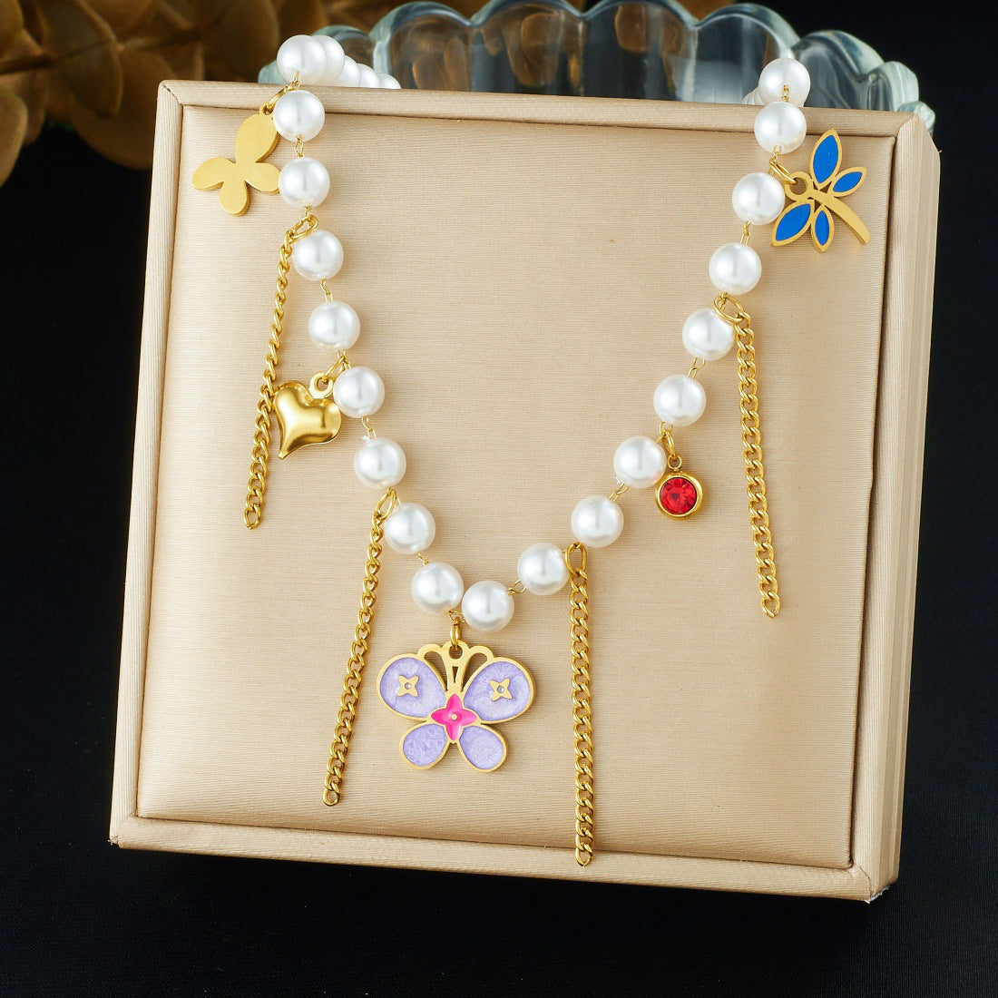 Casual Stainless Steel Plated Heart Butterfly Floral Pendant Ball Chain Necklace with Tassel and Faux Pearl