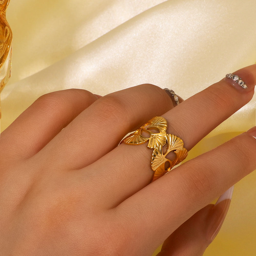 Minimalist Ginkgo Leaf Ring in Stainless Steel with 18K Gold Plating, Hollow-Out Geometric Design for Unisex Everyday Wear