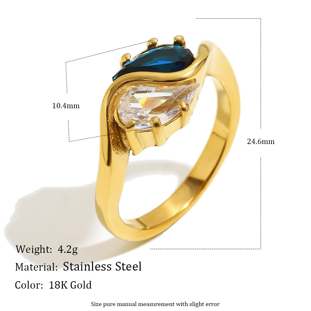 Anello da donna in acciaio inossidabile placcato oro 18 carati con zircone a goccia Tai Chi, geometrico e minimalista
