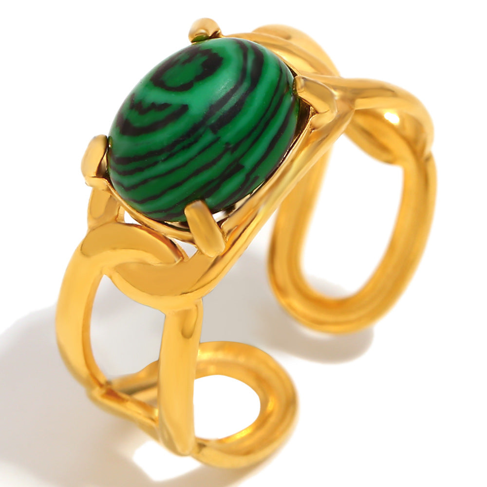 Minimalist Geometric Stainless Steel Plated 18K Gold Malachite Open Ring for Women