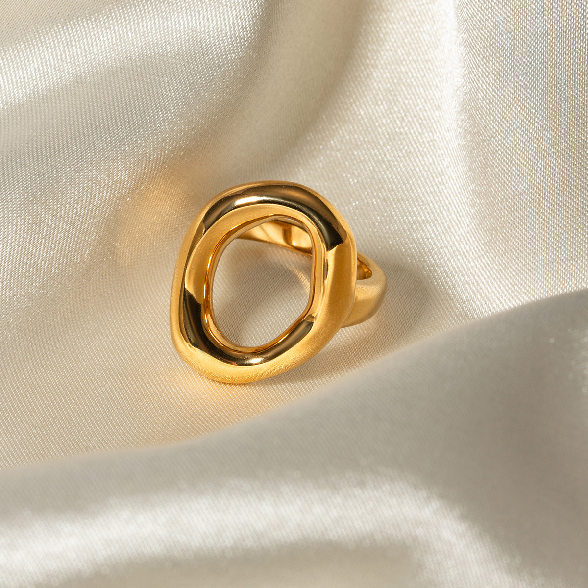Minimalist Geometric 18K Gold Plated Stainless Steel Hollow Oval Ring for Women