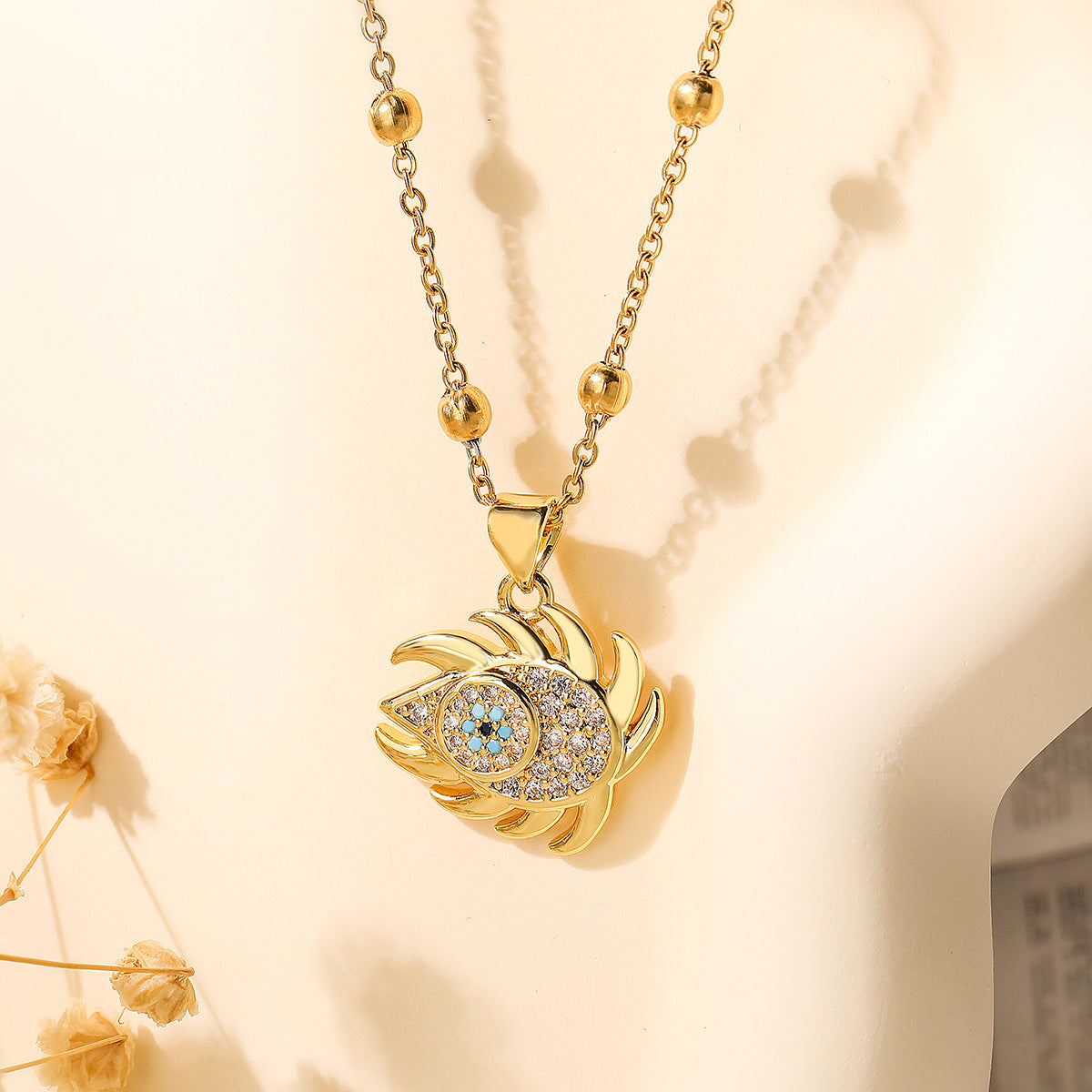 Minimalist Geometric Copper Necklace with 18K Gold Plating and Zircon Evil Eye Pendant for Women