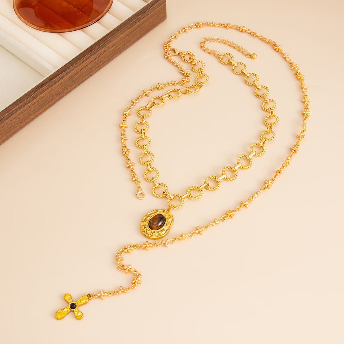 Luxury Plated Alloy Gemstone Geometric Cross Pendant Y-Shape Multi-layer Necklace for Women
