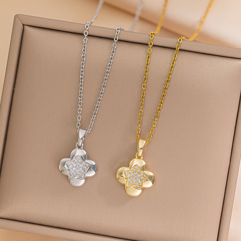Minimalist Geometric Star and Four-Flower Titanium Steel Necklace for Women with Electroplated Finish and Snake Chain