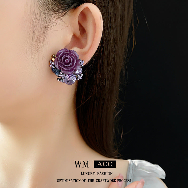 Orecchini in rame floreali e geometrici stile vintage con intarsio di strass, galvanizzati per un look di lusso