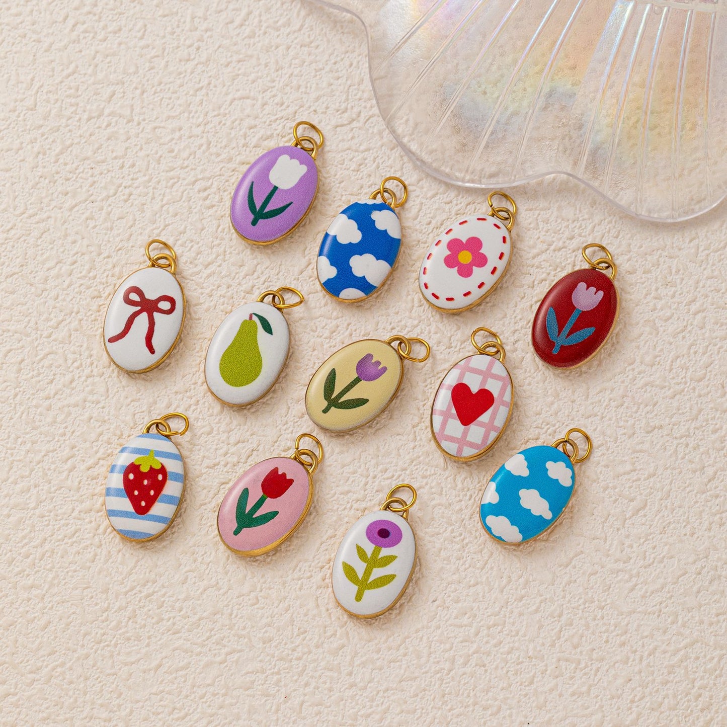 Fashion Stainless Steel Drip Oil Plated Necklace with Bow Flower Strawberry Heart and Pear Charms