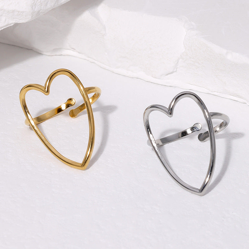 Sweet Minimalist Heart Shaped Plated Stainless Steel Adjustable Ring for Women