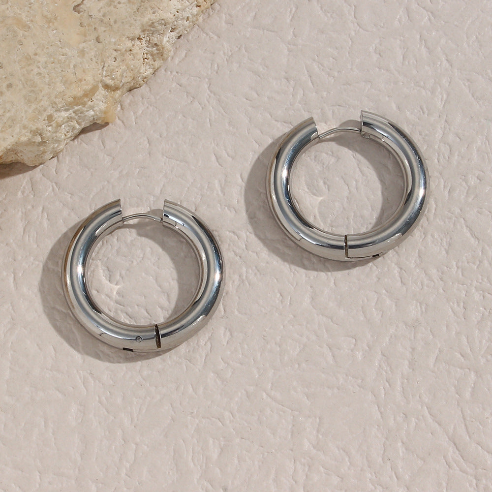 Minimalist Geometric Stainless Steel Hoop Earrings for Women with Silver Plated Finish and Diamond-Cut Faceting