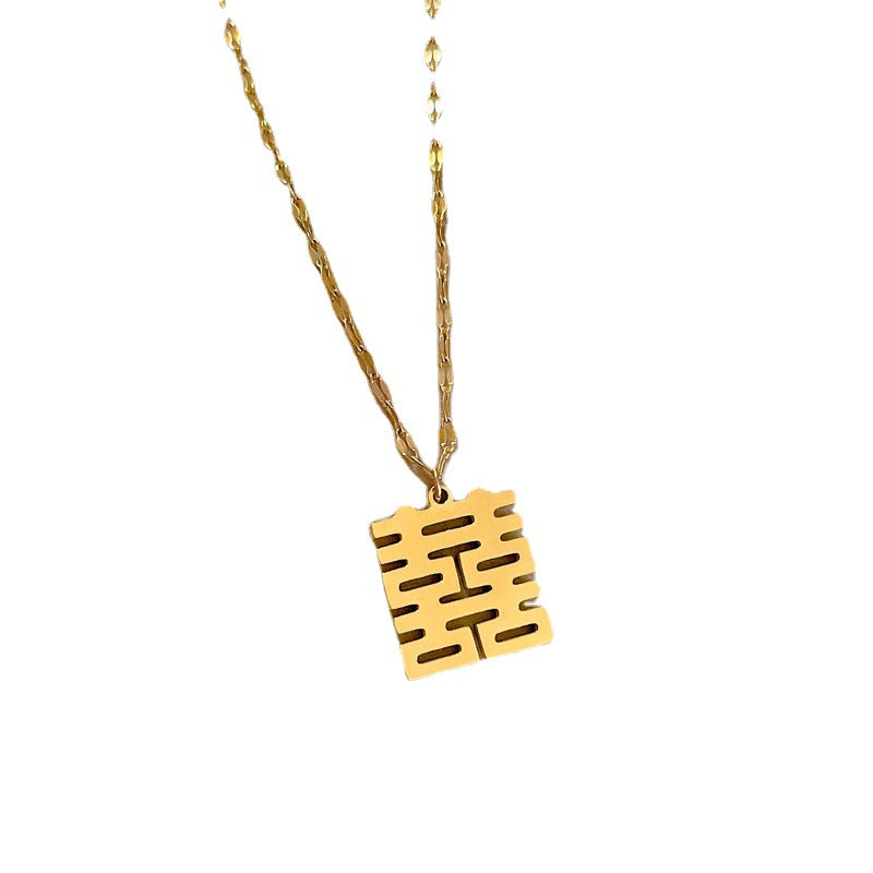 Collar con Colgante Minimalista Geométrico de Doble Felicidad para Mujer de Acero de Titanio Bañado en Oro Real con Cadena de Guardapelo