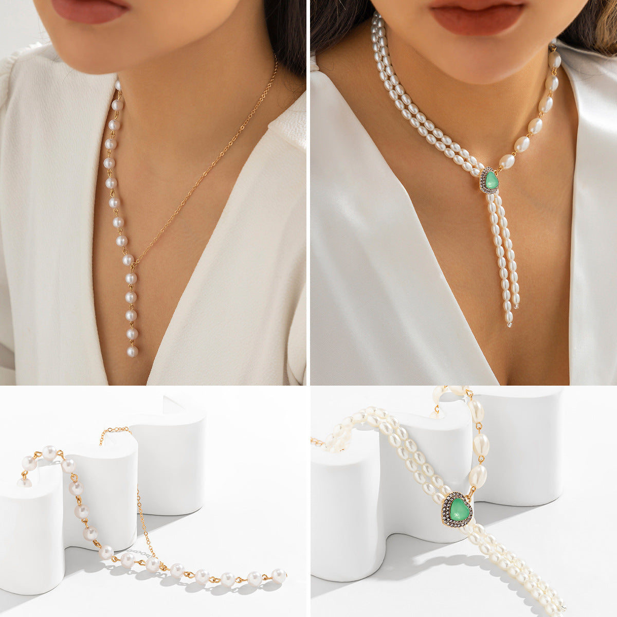 Vintage Elegant Heart Shape Alloy Plated Imitation Pearl Tassel Necklace with Ball Chain for Women