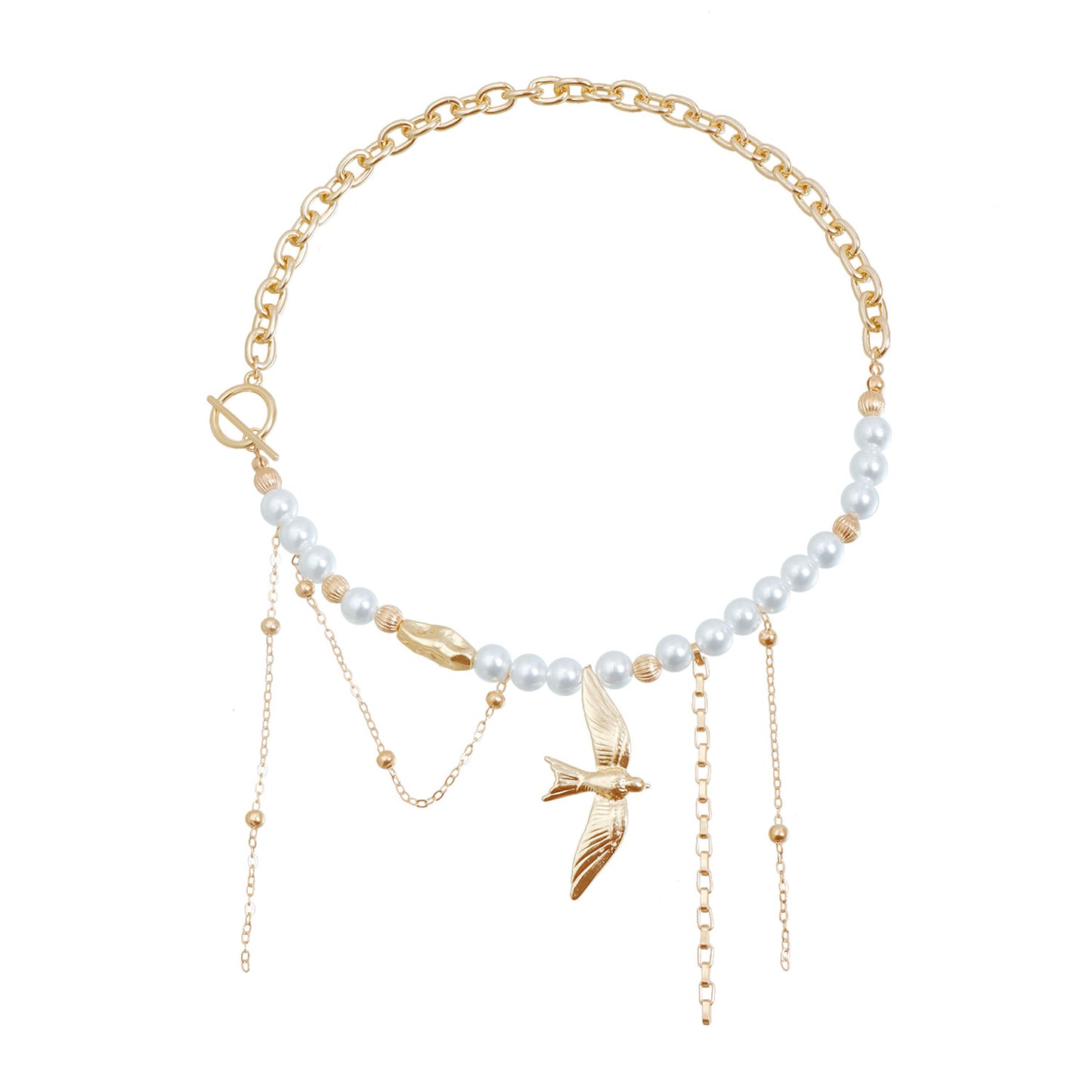 Vintage Geometric Bird Alloy Plated Necklace with Pearl Inlay for Unisex