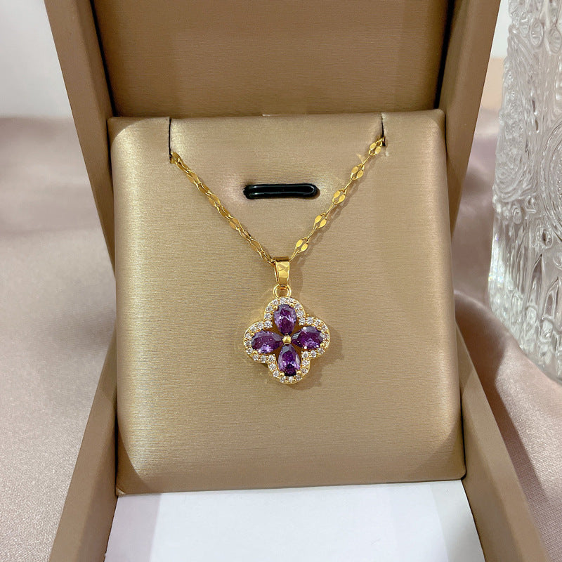 Minimalist Geometric Titanium Steel Necklace with Gold Plated Brass Pendant and Rhinestone Inlay